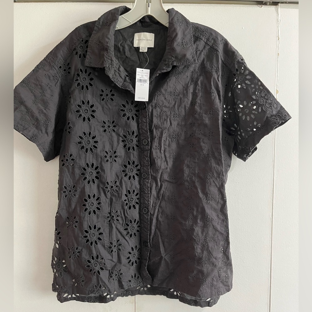 American Eagle Black Eyelet Short Sleeve Top - Size M